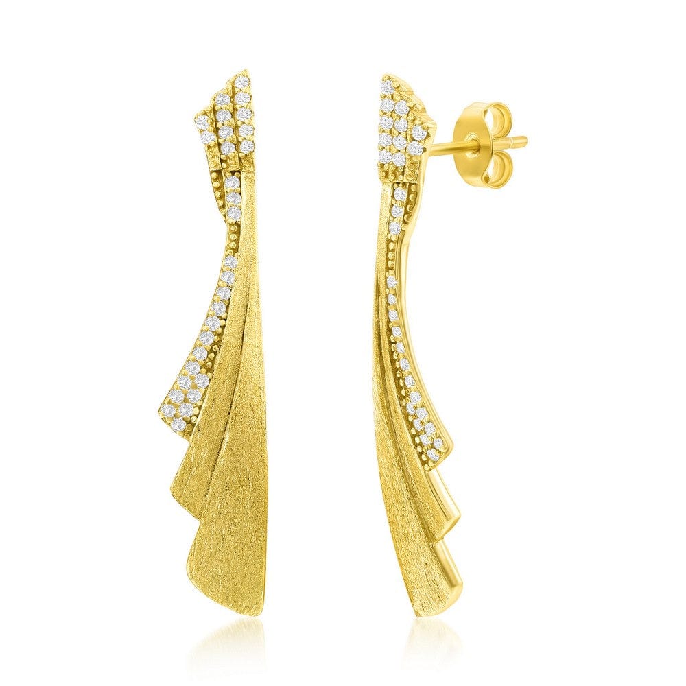 Irregular Shaped Brushed & CZ Earrings - Gold Plated