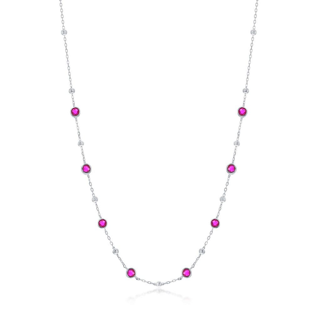 Bezel-Set CZ & Bead Station Necklace - Ruby