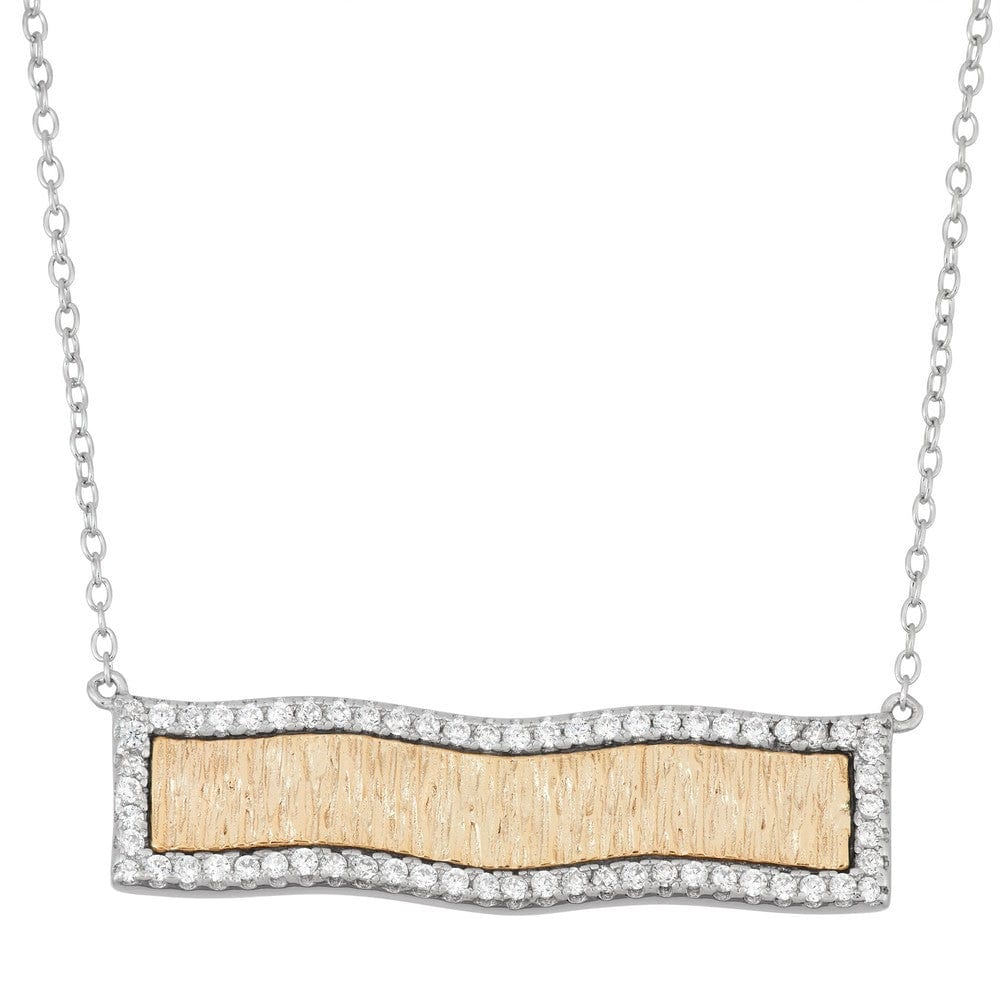 Wavy Bar with CZ Border Necklace - Gold Plated