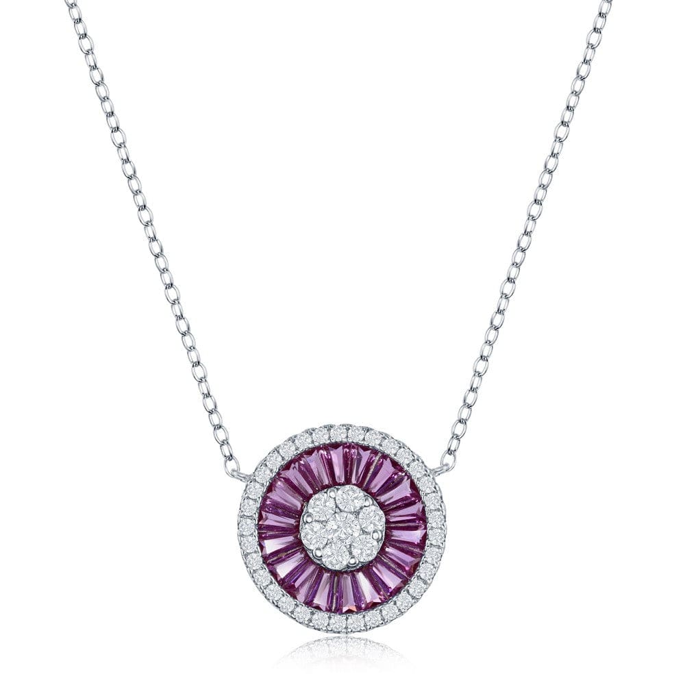 White CZ Baguette Ruby Circle Necklace