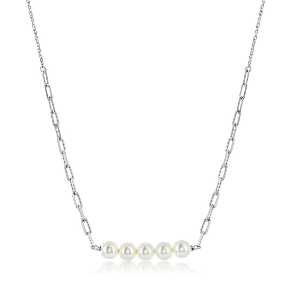 White Simulated Pearl Bar Paperclip Necklace