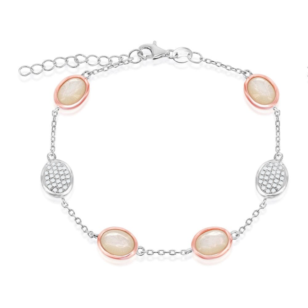 Sterling Silver Two-Tone Alternating Oval Micro Pave and Mother of Pearl Bracelet