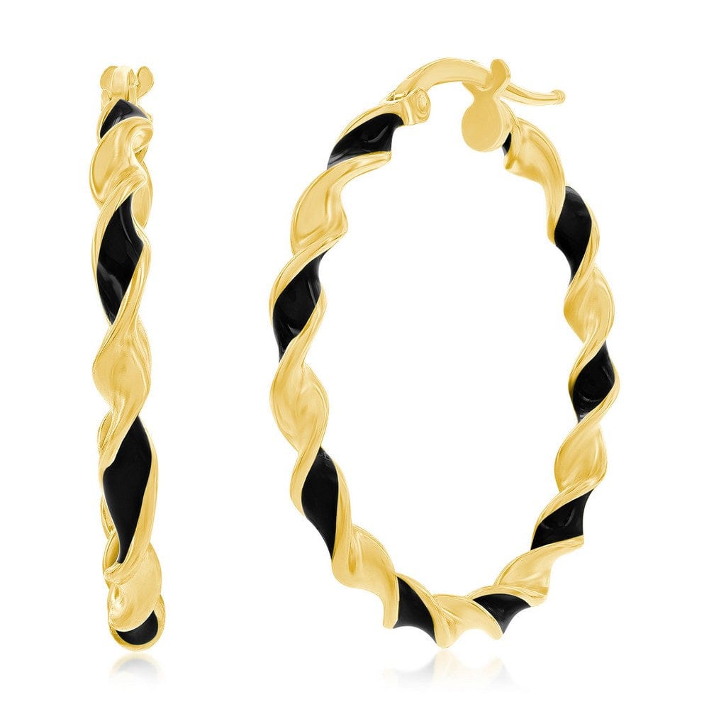 Black Enamel 30mm Twisted Hoop Earrings - Gold Plated