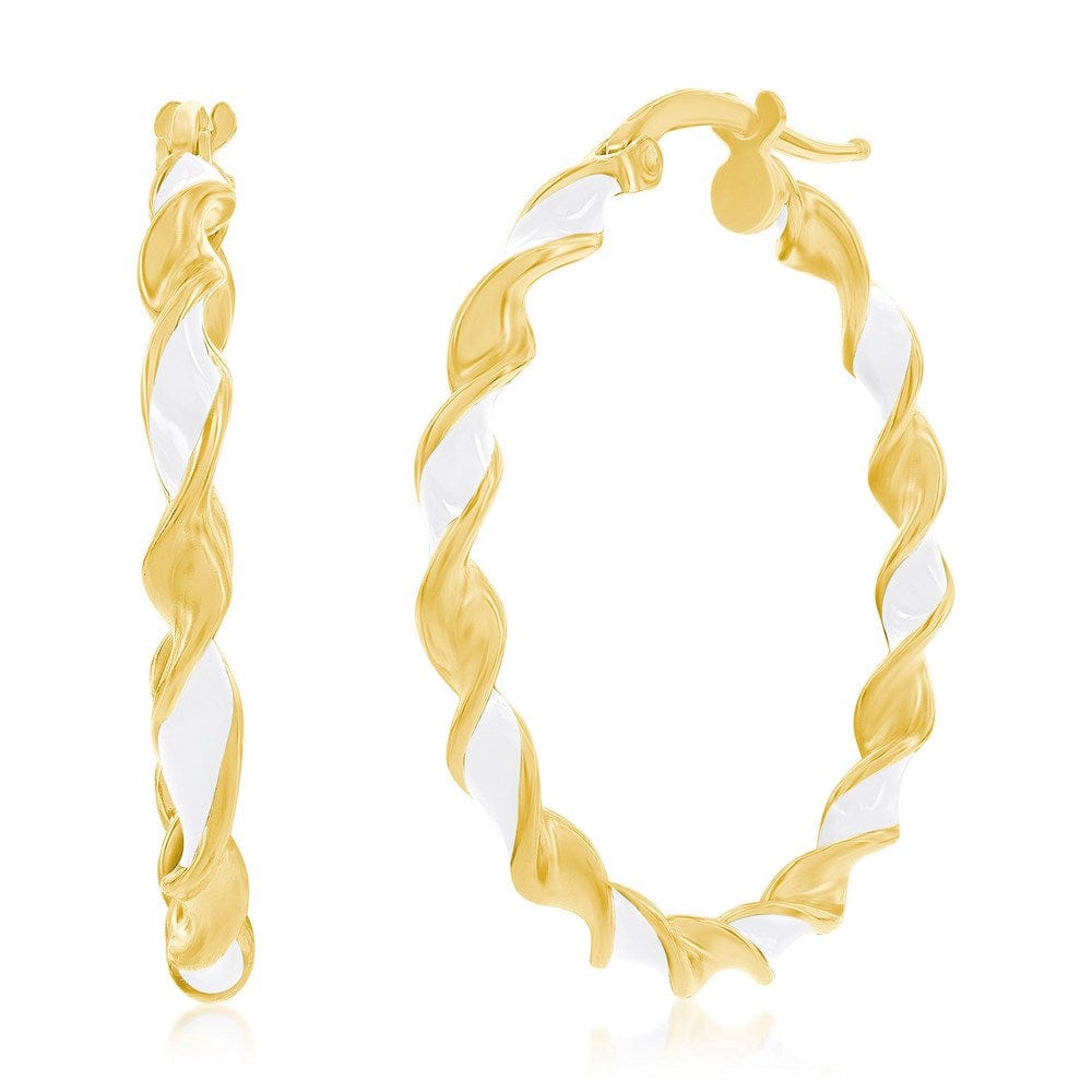 White Enamel 30mm Twisted Hoop Earrings - Gold Plated