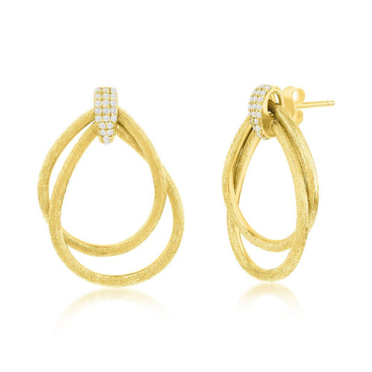 Double Pear-Shaped Brushed, CZ Earrings