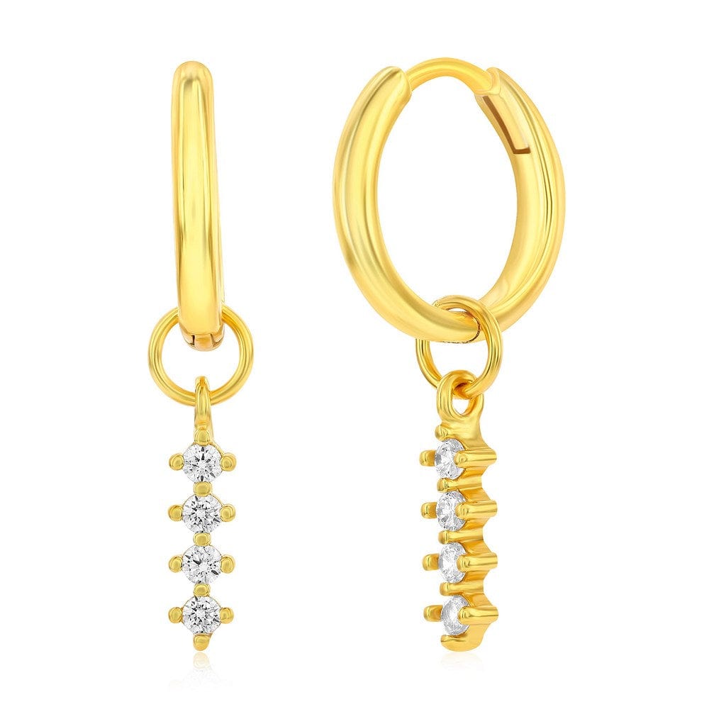 Vertical 4-Prong Round CZ Charm Huggie Hoop Earrings