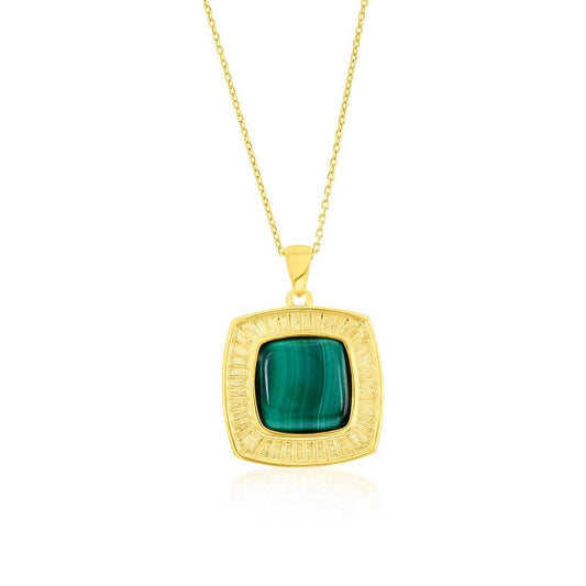 Sterling Silver, Square Malachite, Designed Pendant - Gold Plated