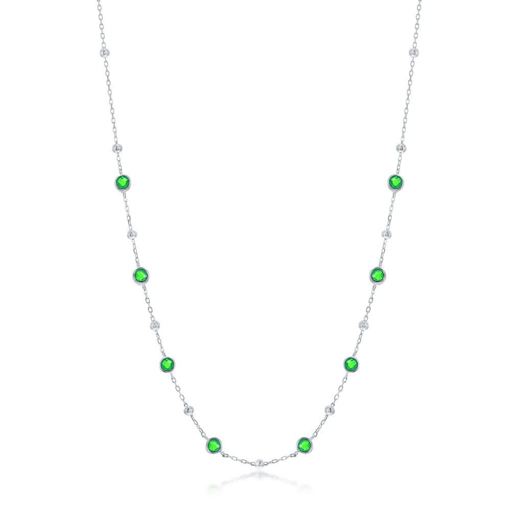 Bezel-Set CZ & Bead Station Necklace - Emerald