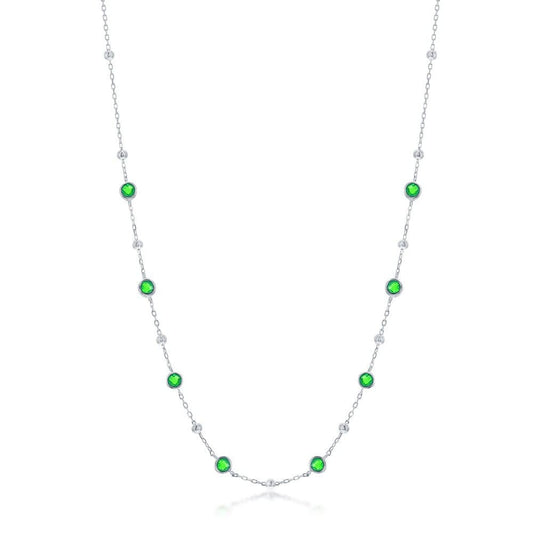 Bezel-Set CZ & Bead Station Necklace - Emerald