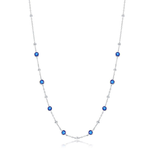 Bezel-Set CZ & Bead Station Necklace - Sapphire