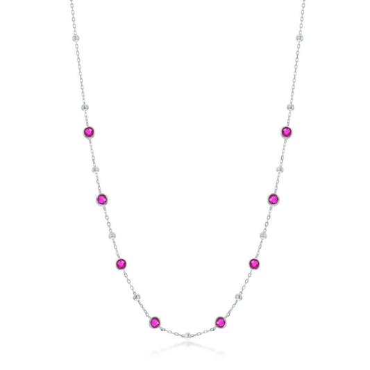 Bezel-Set CZ & Bead Station Necklace - Ruby