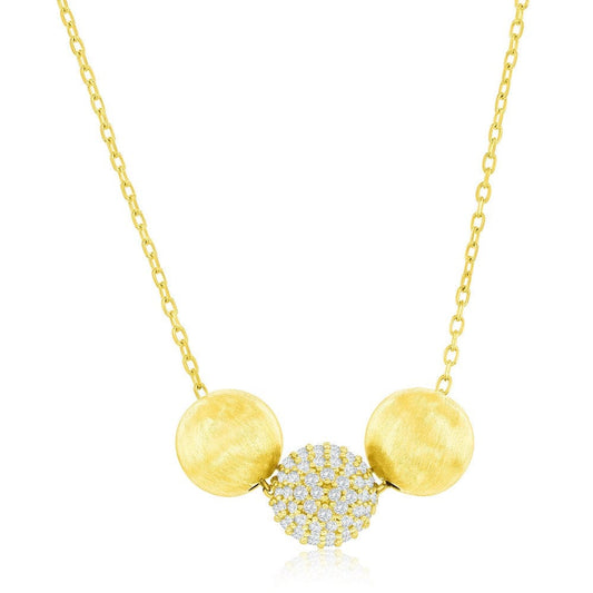 Triple Bead, Matte & CZ Necklace - Gold Plated