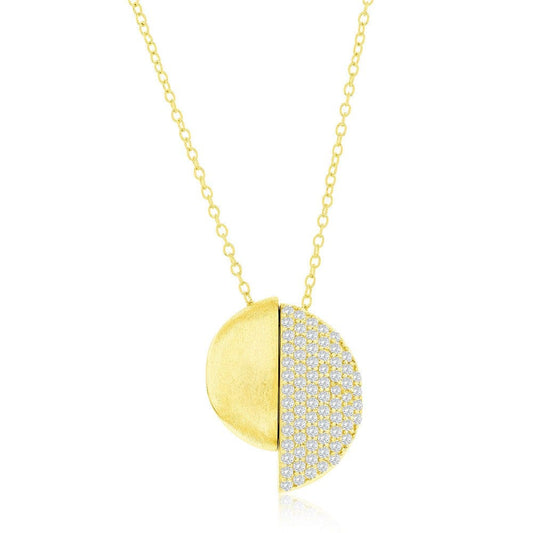 Half Brushed & Half Micro Pave CZ Necklace - Gold Plated