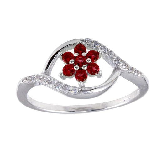 Plated Wave Red Center Flower CZ Ring