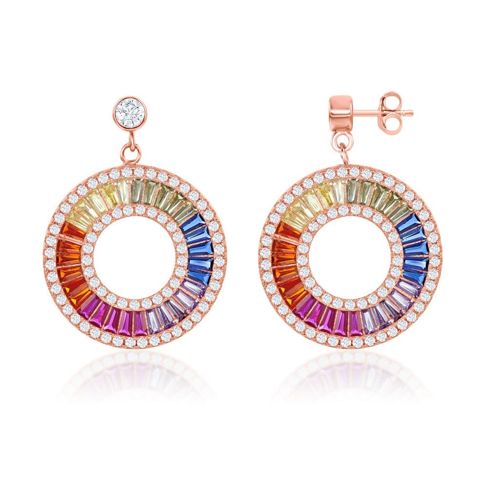 Rainbow Baguette CZ Open Circle Earrings - Rose Gold Plated