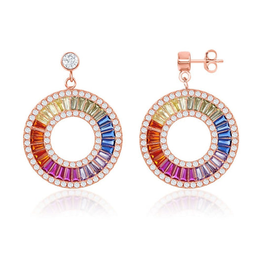 Rainbow Baguette CZ Open Circle Earrings - Rose Gold Plated