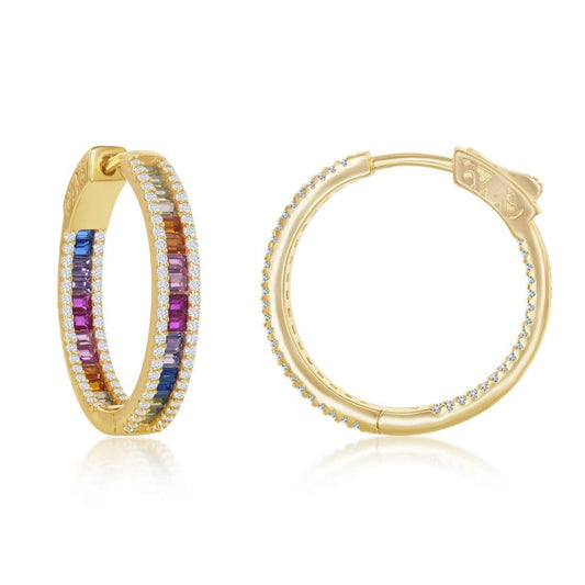 Center Rainbow Channel-Set and White CZ Border Hoop Earrings