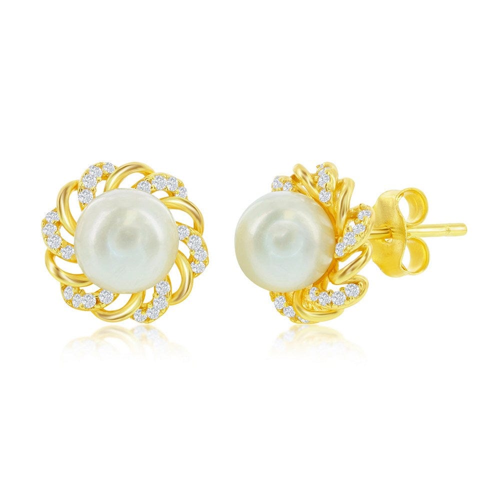 CZ Flower w/ 7mm Round FWP Stud Earrings