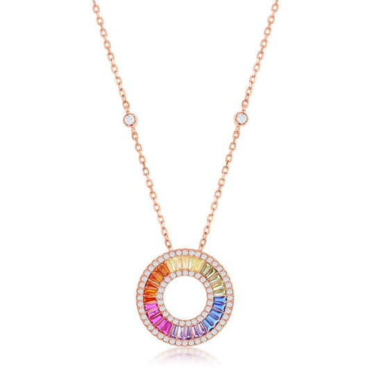 Rainbow Baguette CZ Open Circle Necklace - Rose Gold Plated