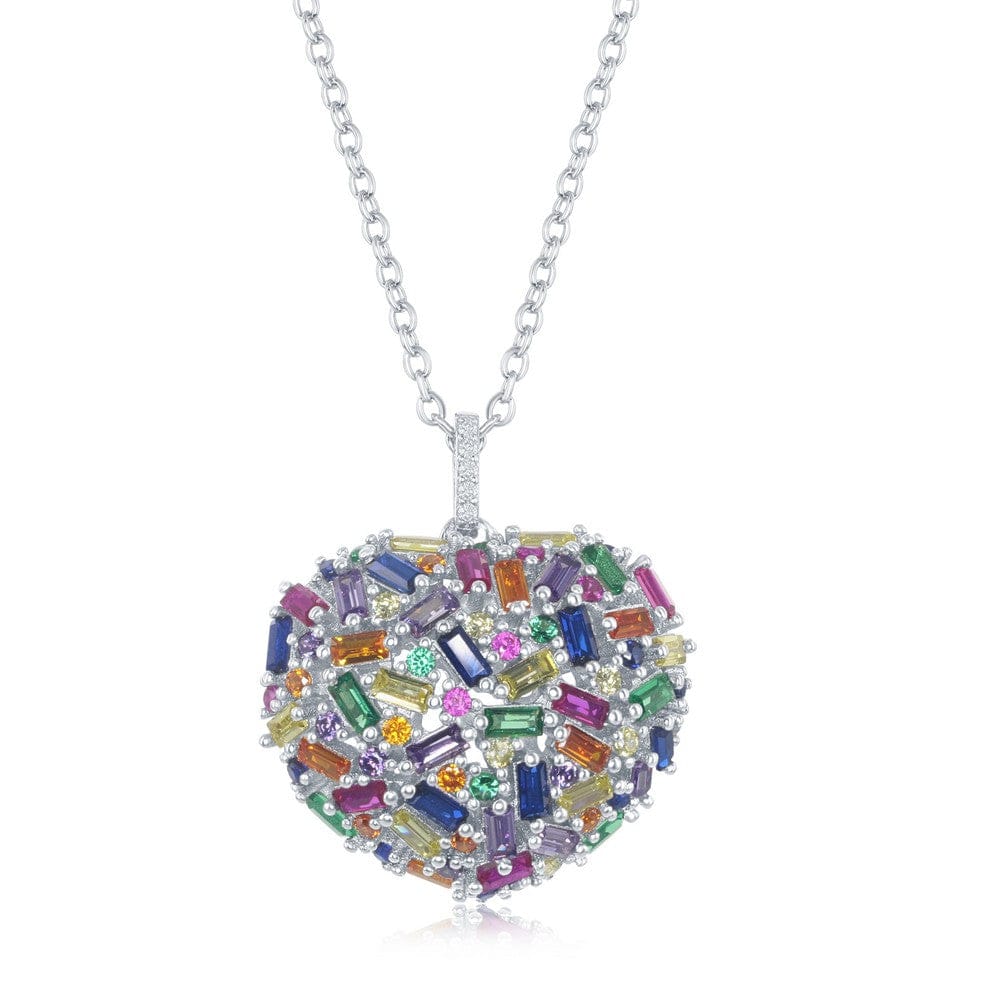 Rainbow Baguette CZ Puffed Heart Necklace