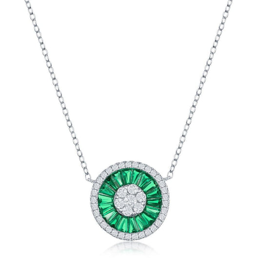White CZ Baguette Circle Emerald Necklace