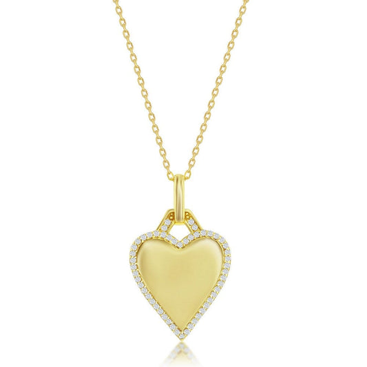 Polished Heart CZ Border Necklace - Gold Plated