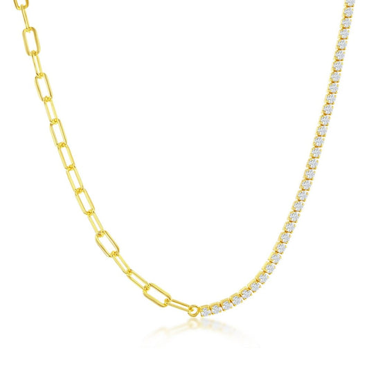 Half Paperclip & Half Tennis Necklace-GP