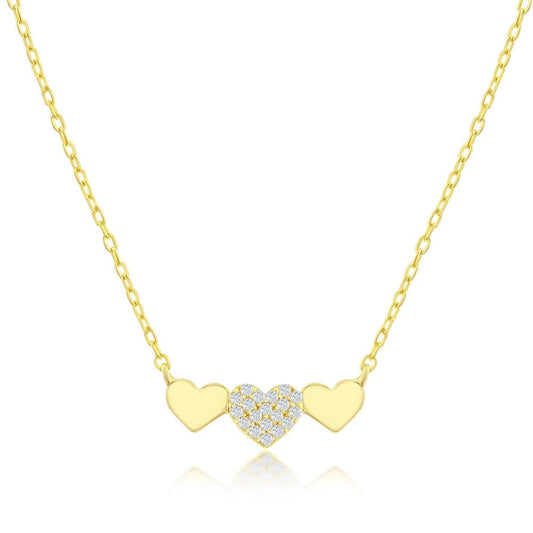 Triple Heart CZ Bar Necklace - Gold Plated