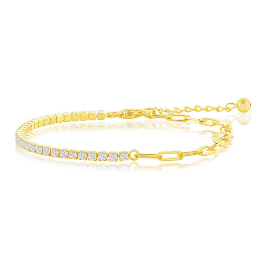 Half Tennis & Paperclip Bracelet - Gold Plated