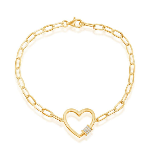 Heart w/CZ Rod Paperclip Bracelet - Gold Plated