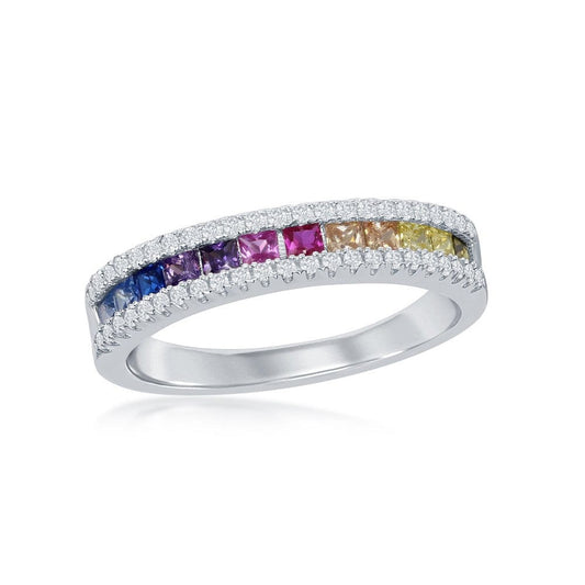 Half Channel-Set Rainbow CZ with White CZ Border Ring